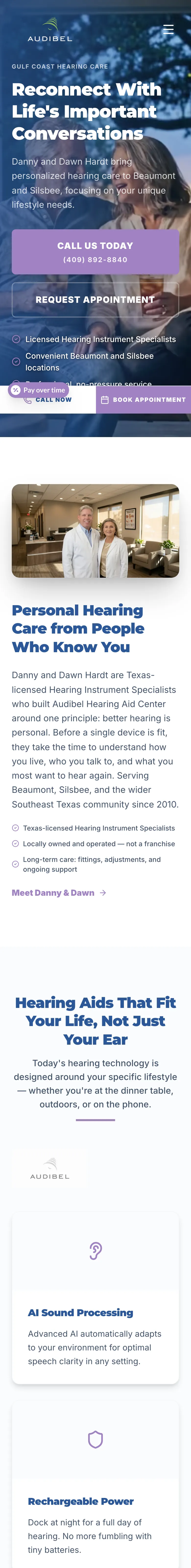 Homepage of the Audibel Hearing Aid Centers website.