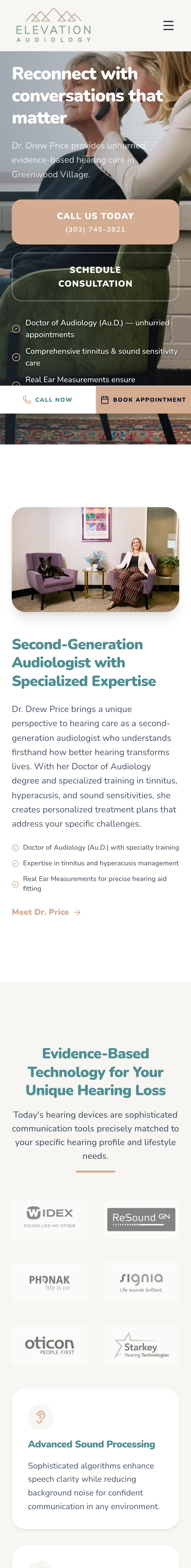 Homepage of the Elevation Audiology website.
