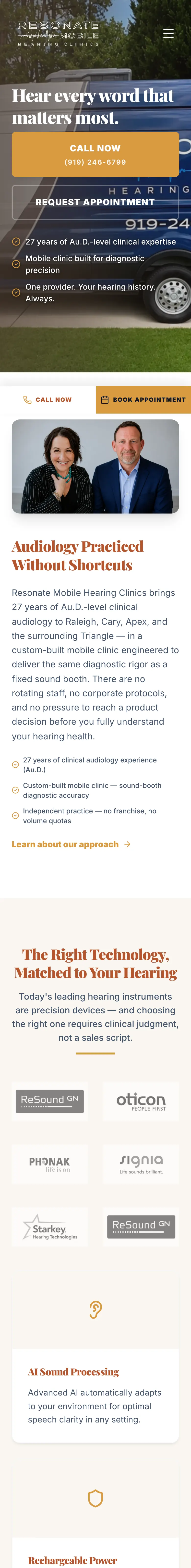 Homepage of the Resonate Mobile Hearing website.